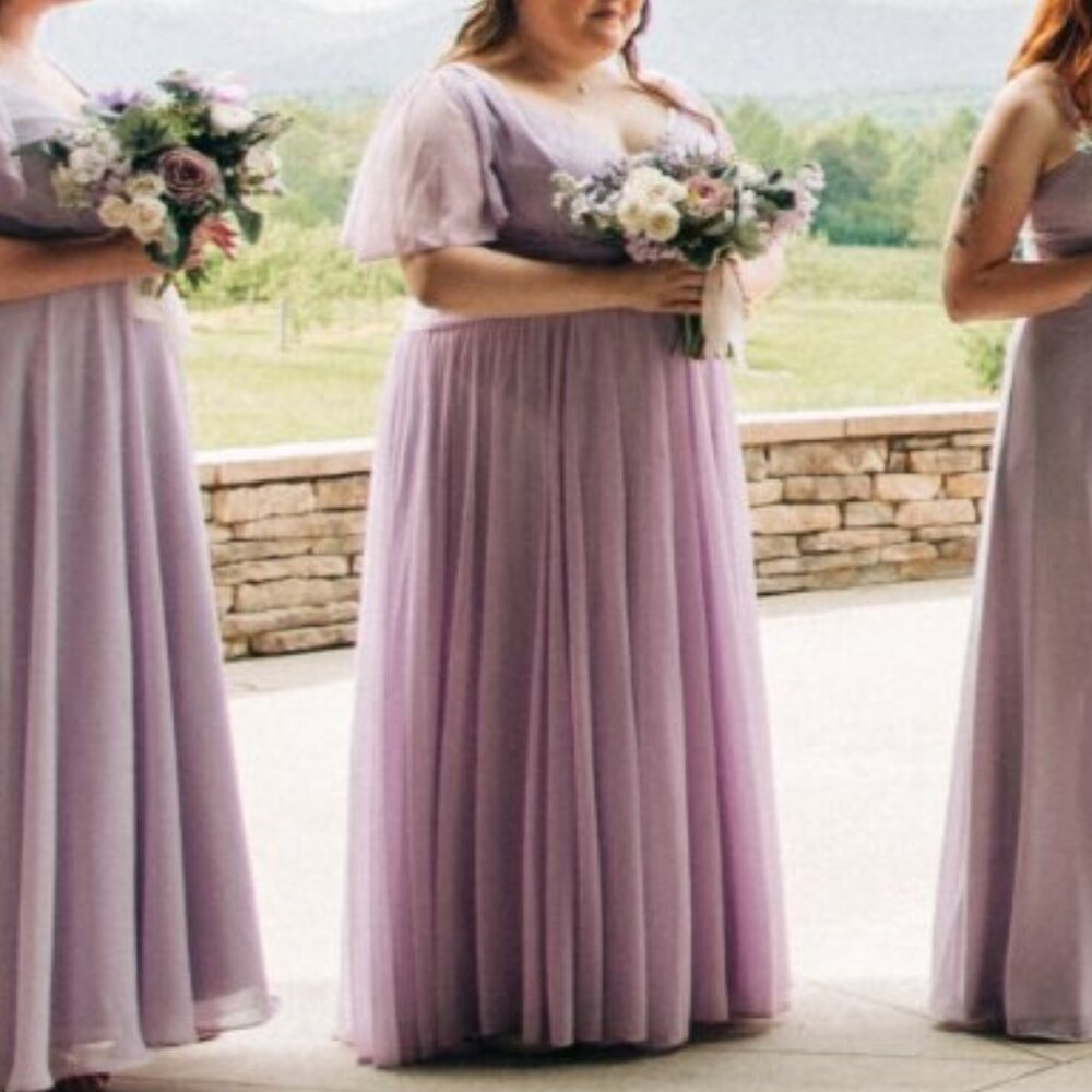 David's Bridal Long Mesh Dress with Flutter Sleeves - Color Iris